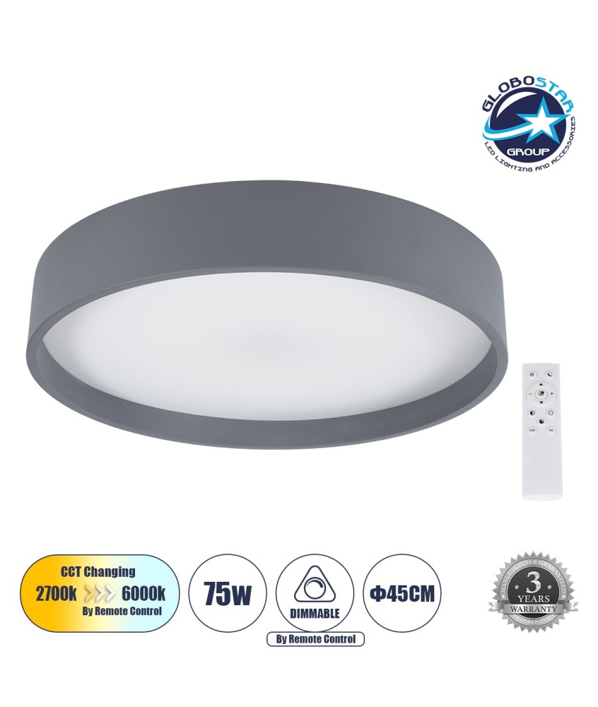 GLOBOSTAR® NARNIA 61258 Μοντέρνο Φωτιστικό Οροφής LED 75W 8625lm 120° AC 220-240V IP20 Ρυθμιζόμενο Λευκό CCT με Χειριστήριο από 2700K έως 6000K Dimmable - Lumileds SMD Chip - Γκρι Ανθρακί Ματ - Μ45 x Π45 x Υ8cm - 3 Χρόνια Εγγύηση